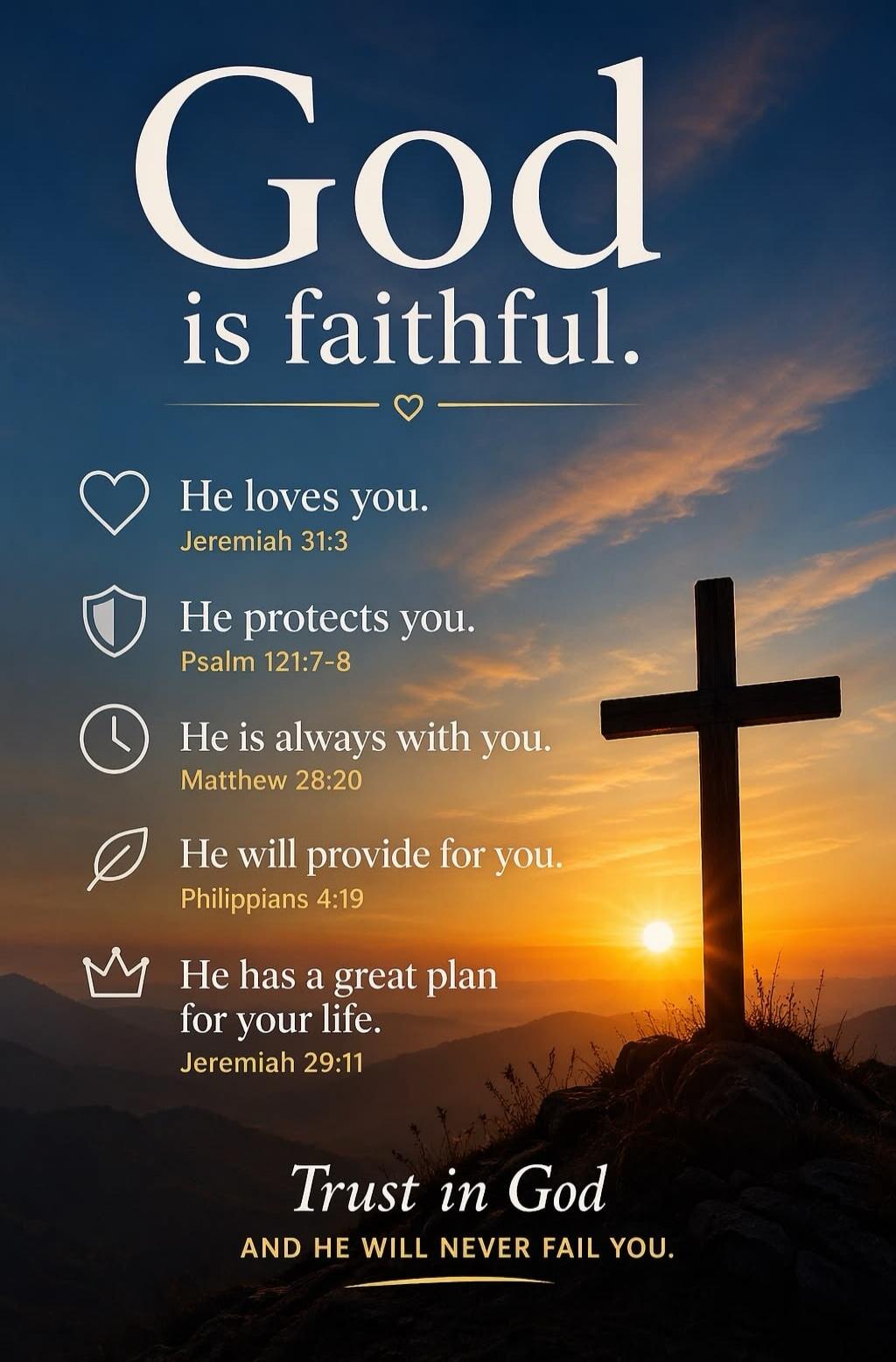 God is faithful. He loves you. Jeremiah 31:3. He protects you. Psalm 121:7-8. He is always with you. Matthew 28:20. He will provide for you. Philippians 4:19. He has a great plan for your life. Jeremiah 29:11. Trust in God and He will never fail you.