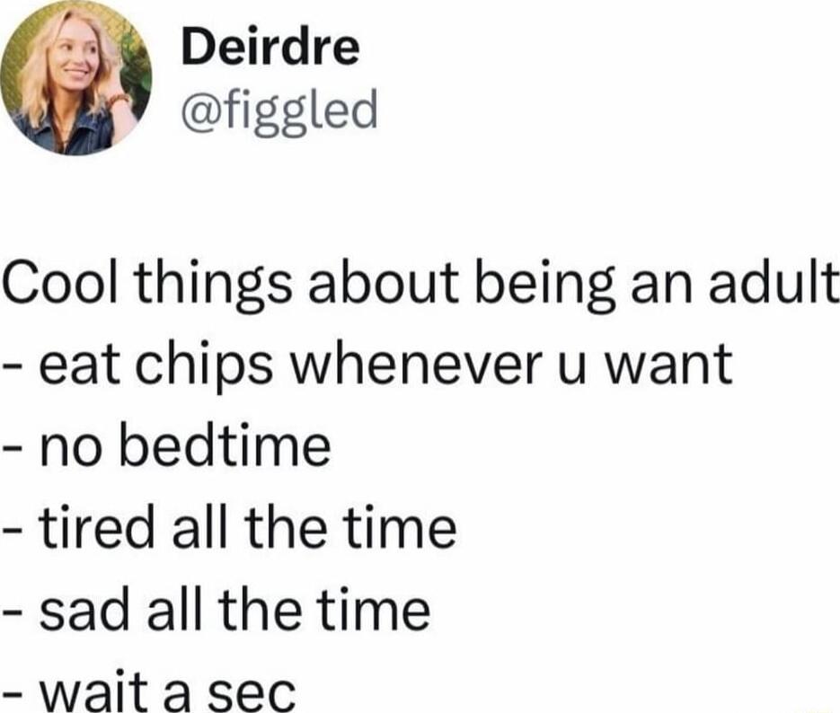 Deirdre figgled Cool things about being an adult eat chips whenever u want no bedtime tired all the time sad all the time wait a sec