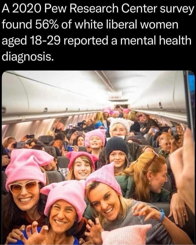 A 2020 Pew Research Center survey found 56% of white liberal women aged 18-29 reported a mental health diagnosis.