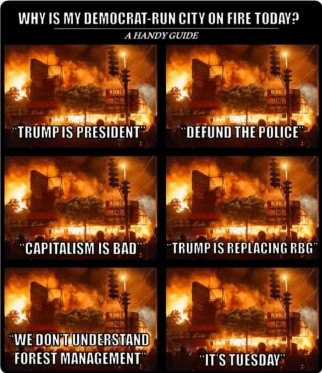 WHY IS MY DEMOCRAT-RUN CITY ON FIRE TODAY? A HANDY GUIDE
TRUMP IS PRESIDENT
DEFUND THE POLICE
CAPITALISM IS BAD
TRUMP IS REPLACING BLM
WE DON'T UNDERSTAND FOREST MANAGEMENT
IT'S TUESDAY