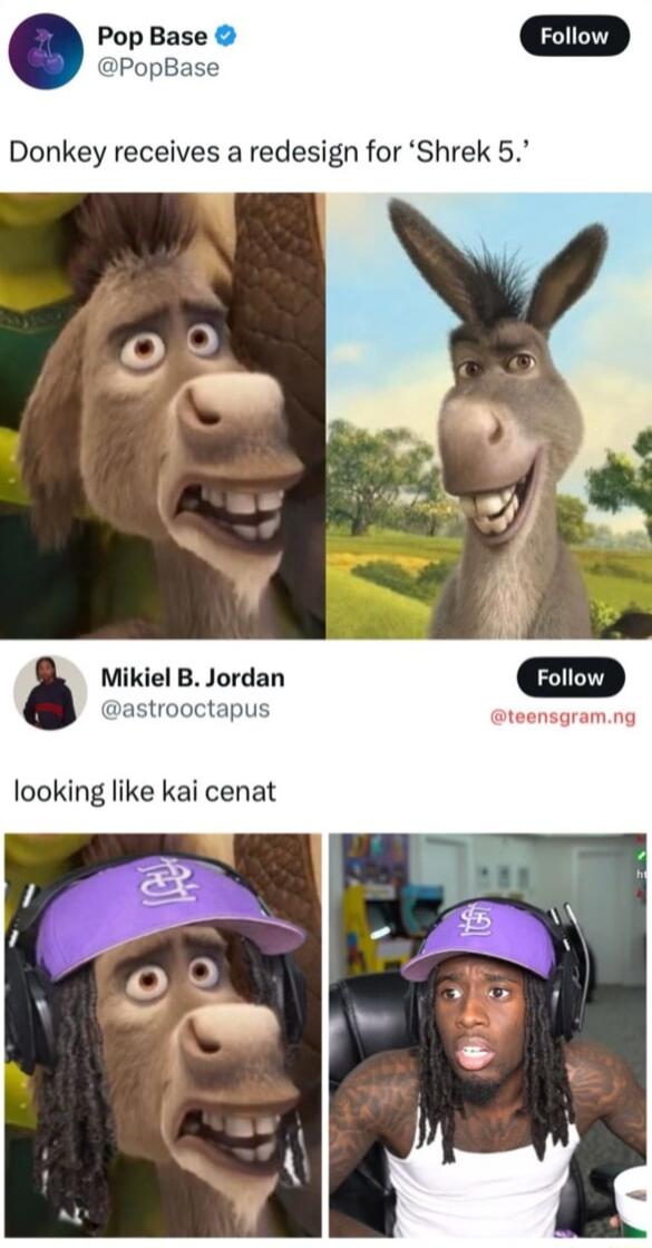 Pop Base PopB Donkey receives a redesign for Shrek 5 Mikiel B Jordan octapus looking like kai cenat
