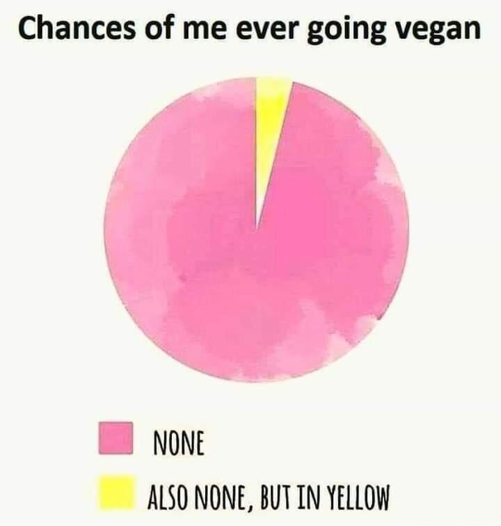 Chances of me ever going vegan NONE ALSO NONE BUTIN YELLOW