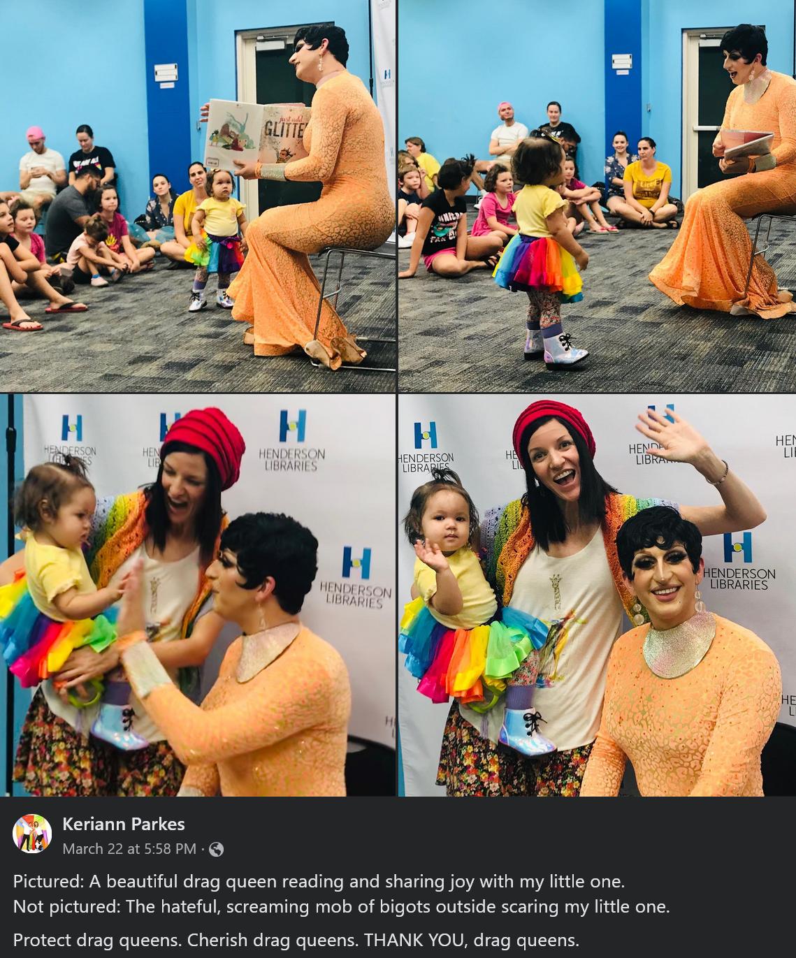 e Pictureds A beautifl drag queen reading and sharing joy with my lte one Not pictured The hatefu screaming mob of bigots outside scaring my fte one Protick b apseens Chern i sy quemn THALK YO drug v