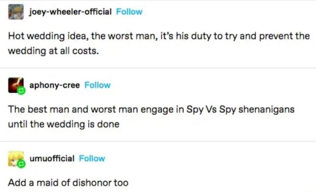 joey wheeler official Follow Hot wedding idea the worst man its his duty to try and prevent the wedding at all costs aphony cree Follow The best man and worst man engage in Spy Vs Spy shenanigans until the wedding is done u umuofficial Follow Add a maid of dishonor too