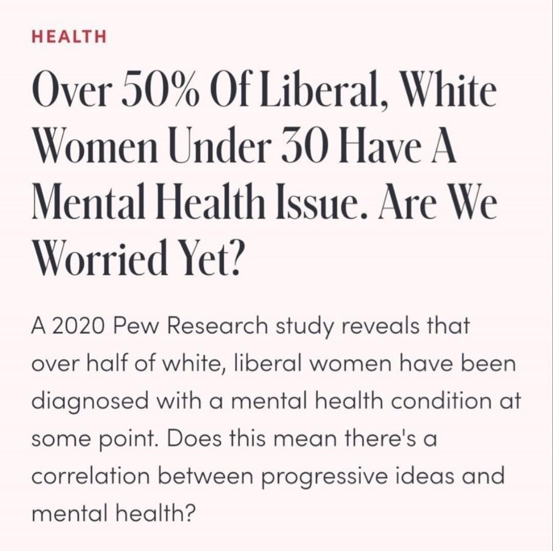 HEALTH
Over 50% Of Liberal, White Women Under 30 Have A Mental Health Issue. Are We Worried Yet?

A 2020 Pew Research study reveals that over half of white, liberal women have been diagnosed with a mental health condition at some point. Does this mean there’s a correlation between progressive ideas and mental health?