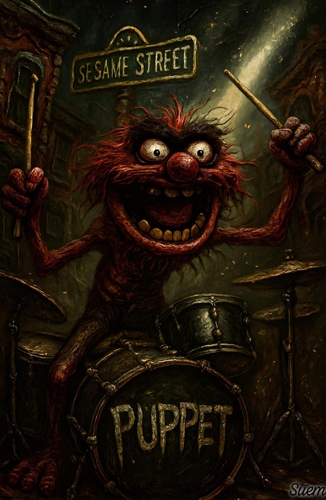 SESAME STREET sign above a wild, furry puppet drummer with a big red nose and wide eyes. The drum set has the word 'PUPPET' on the bass drum.