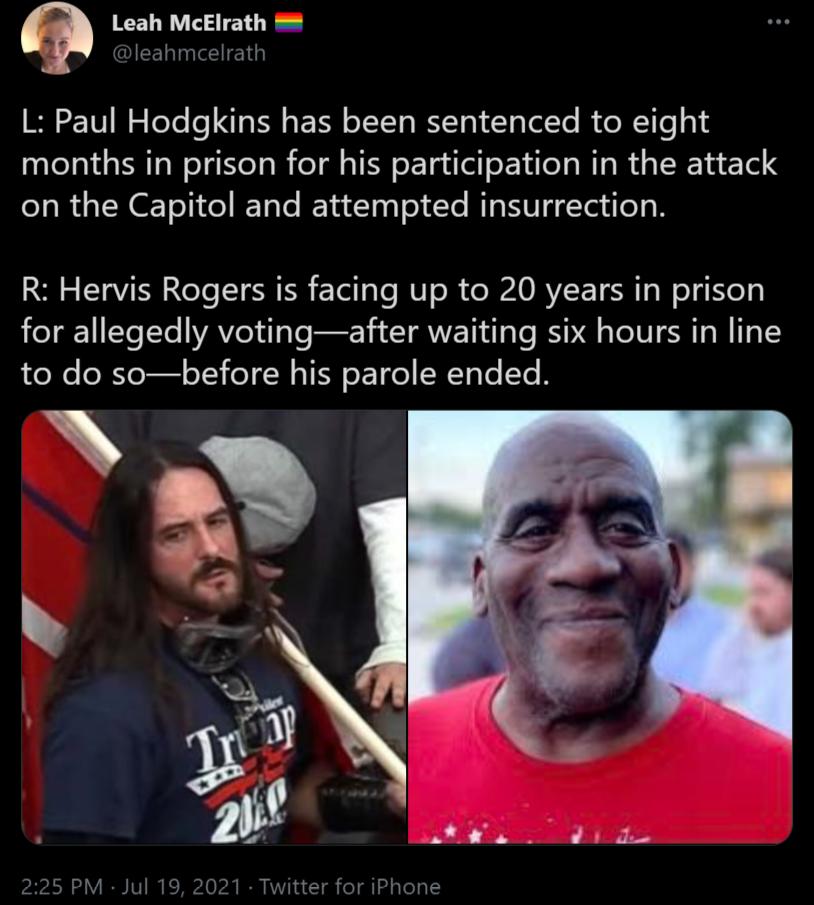 L Paul Hodgkins has been sentenced to eight months in prison for his participation in the attack on the Capitol and attempted insurrection R Hervis Rogers is facing up to 20 years in prison for allegedly votingafter waiting six hours in line to do sobefore his parole ended