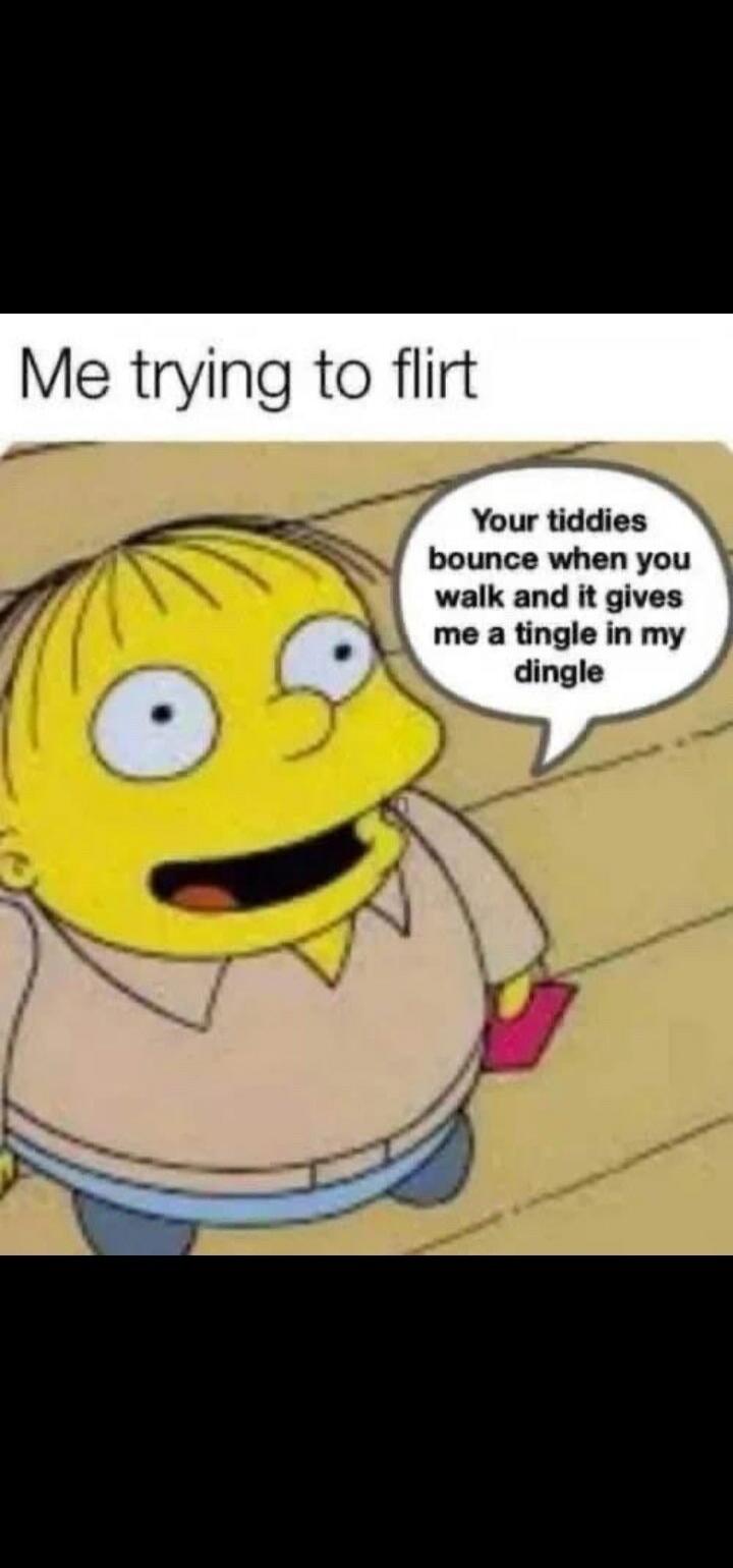 Me trying to flirt. Your tiddies bounce when you walk and it gives me a tingle in my dingle.