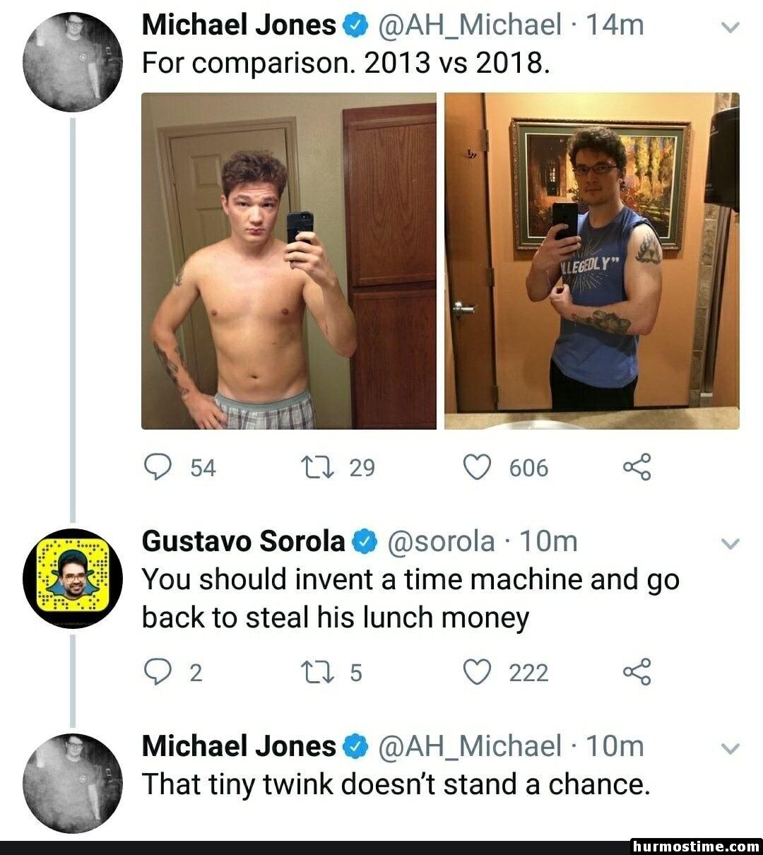 Michael Jones AH_Michael 14m For comparison 2013 vs 2018 O 54 n 2 Q 606 Gustavo Sorola sorola 10m YYou should invent a time machine and go back to steal his lunch money Q2 us Q 222 Michael Jones AH_Michael 10m That tiny twink doesnt stand a chance