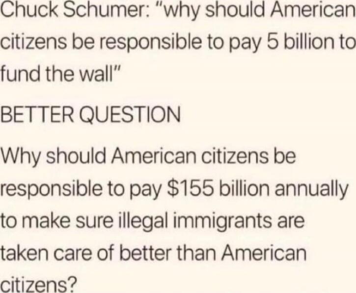 Chuck Schumer: “why should American citizens be responsible to pay 5 billion to fund the wall” BETTER QUESTION Why should American citizens be responsible to pay $155 billion annually to make sure illegal immigrants are taken care of better than American citizens?