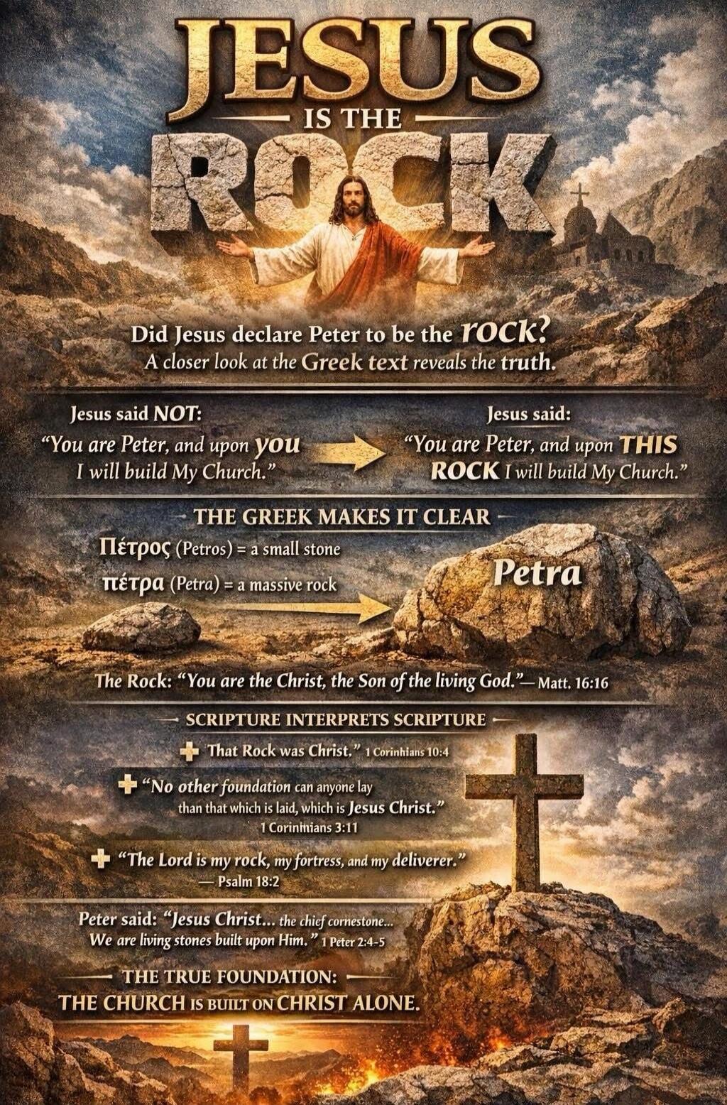 JESUS IS THE ROCK. Did Jesus declare Peter to be the ROCK? A closer look at the Greek text reveals the truth. Jesus said NOT: 