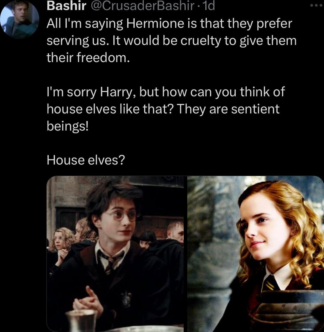 P Bashir CrusaderBashir 1d All Im saying Hermione is that they prefer serving us It would be cruelty to give them QUGS IEER TN Im sorry Harry but how can you think of house elves like that They are sentient beings House elves