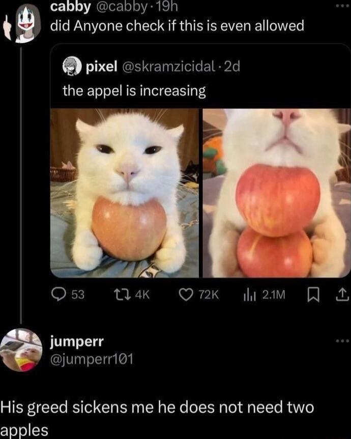 cabby cabby 19h did Anyone check if this is even allowed g pixel skramzicidal 2d the appel is increasing 1 124K Q7K 2w jumperr jumperr101 His greed sickens me he does not need two apples