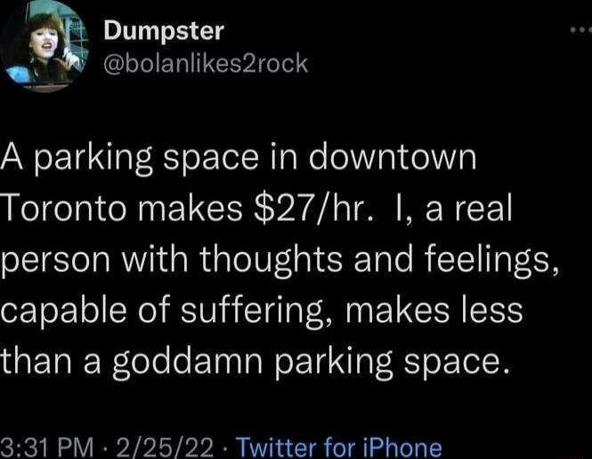 Dumpster i bolanlikes2rock A parking space in downtown Toronto makes 27hr 1 a real person with thoughts and feelings capable of suffering makes less than a goddamn parking space 331 PM 22522 Twitter for iPhone