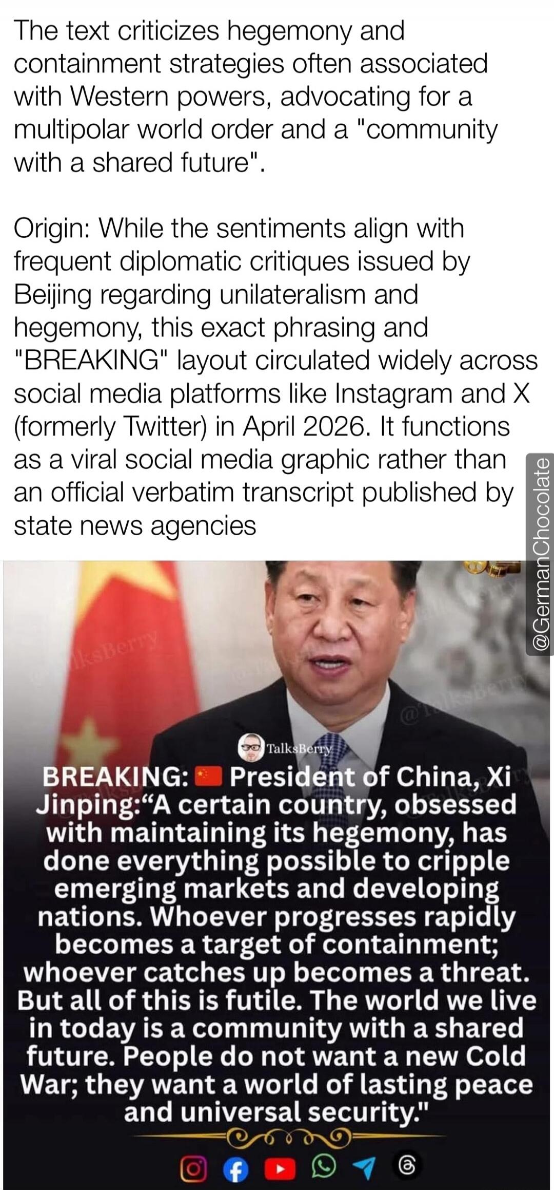 The text criticizes hegemony and containment strategies often associated with Western powers, advocating for a multipolar world order and a 