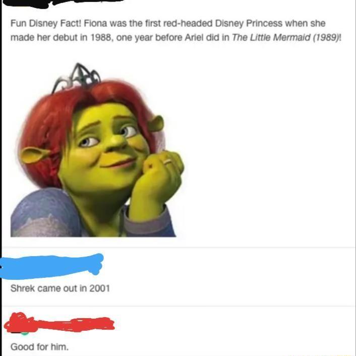 Fun Disney Fact Fiona was the first red headed Disney Princess when she made her debut in 1988 one year before Ariel did in The Little Mermaid 1989 Shrek came out in 2001 fa t Good for him