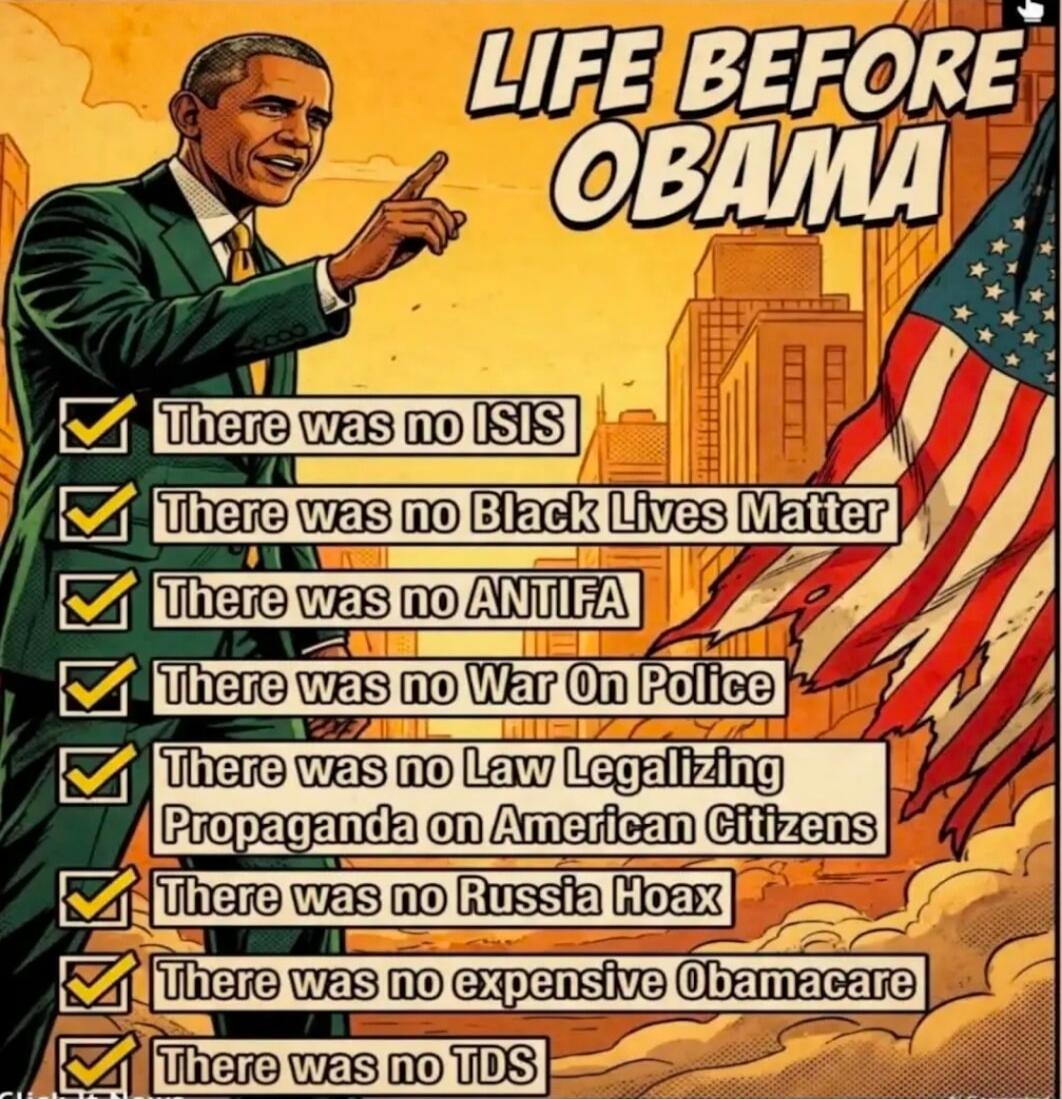 LIFE BEFORE OBAMA There was no ISIS There was no Black Lives Matter There was no ANTIFA There was no War On Police There was no Law Legalizing Propaganda on American Citizens There was no Russia Hoax There was no expensive Obamacare There was no TDS