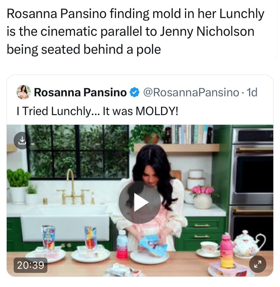 Rosanna Pansino finding mold in her Lunchly is the cinematic parallel to Jenny Nicholson being seated behind a pole Rosanna Pansino RosannaPansino 1d Tried Lunchly It was MOLDY