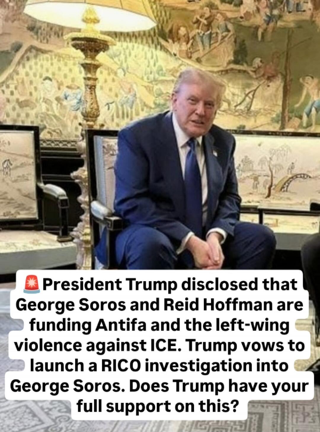 🚨 President Trump disclosed that George Soros and Reid Hoffman are funding Antifa and the left-wing violence against ICE. Trump vows to launch a RICO investigation into George Soros. Does Trump have your full support on this?