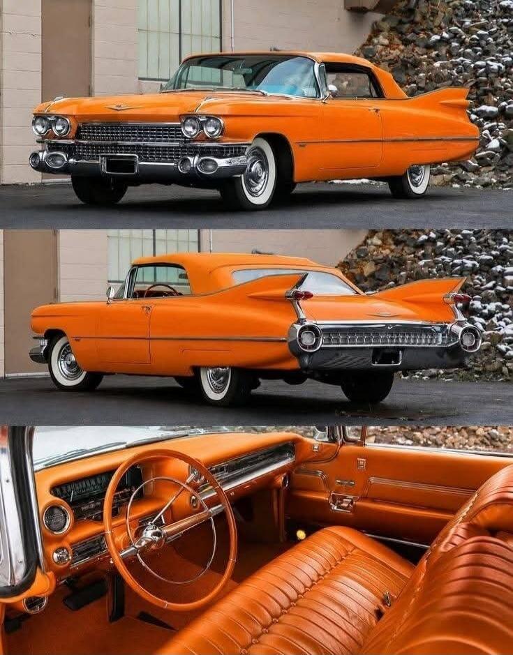 A stunning orange vintage Cadillac car is shown from multiple angles. The first shot is a front-side view, highlighting its classic design and chrome details. The second shot shows the rear-side, emphasizing the iconic tail fins. The third shot captures the luxurious orange interior, including the steering wheel and seats.
