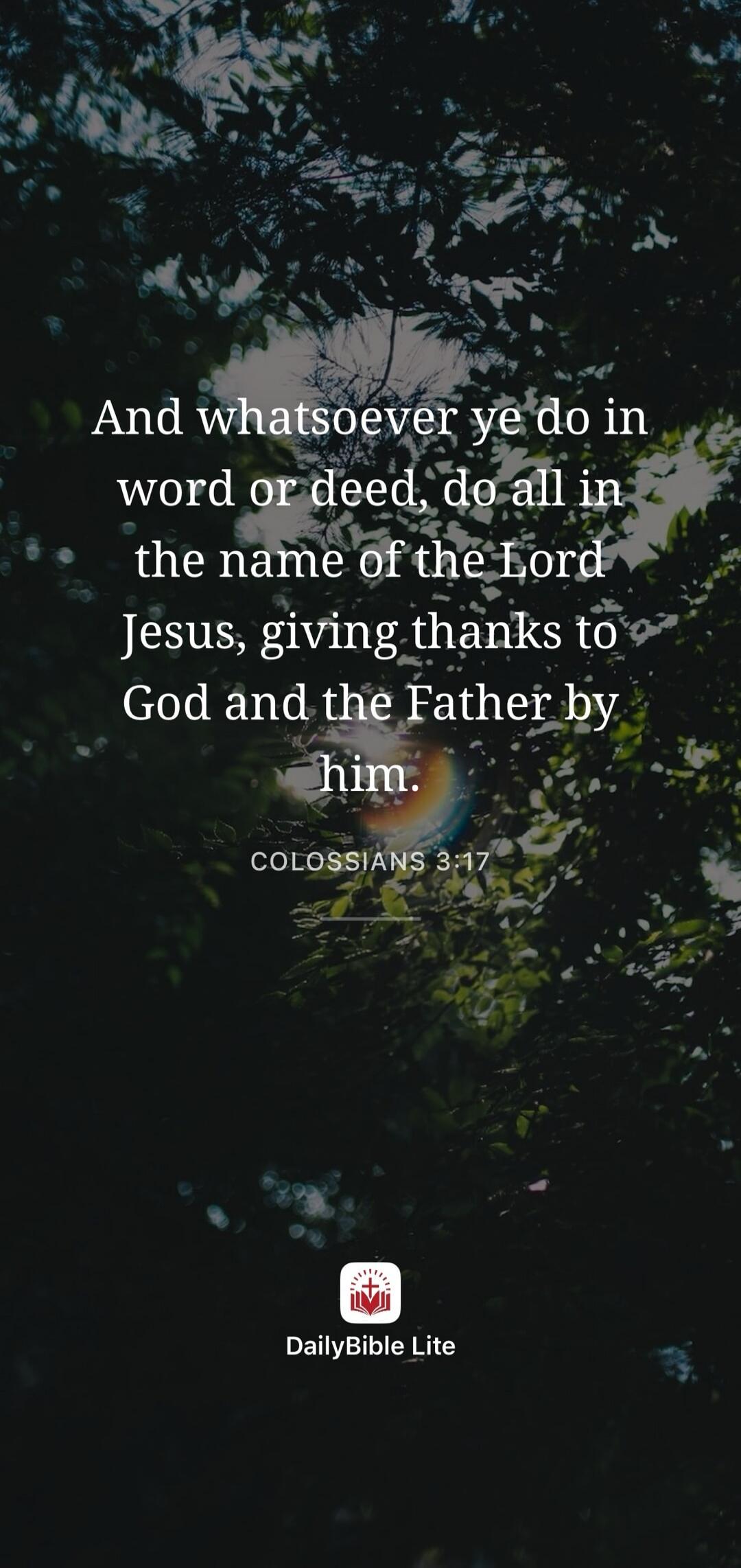 And whatsoever ye do in word or deed, do all in the name of the Lord Jesus, giving thanks to God and the Father by him. COLOSSIANS 3:17 DailyBible Lite