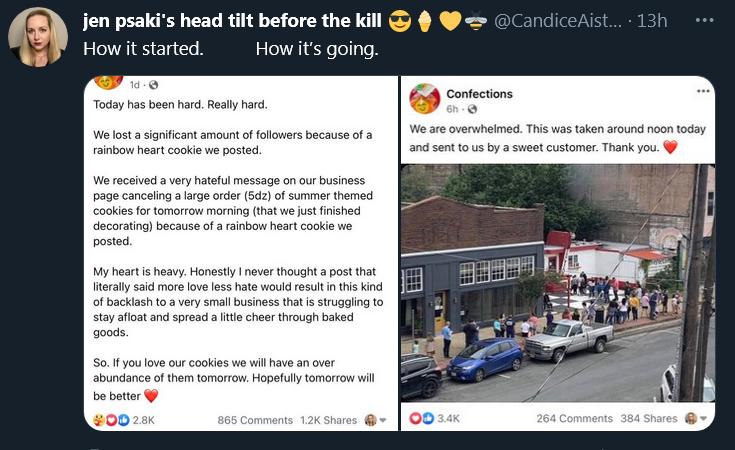 jen psakis head tilt before the kill C How it started How its going Confections Today has been hard Really hard Py W lost a significant amount of folowers because of a e are overwhelmed This was taken around noon today rainbow heart cookie we posted and sent to us by a sweet customer Thank you We received a very hateful message on our business page canceling a large order 5dz of summer themed cook