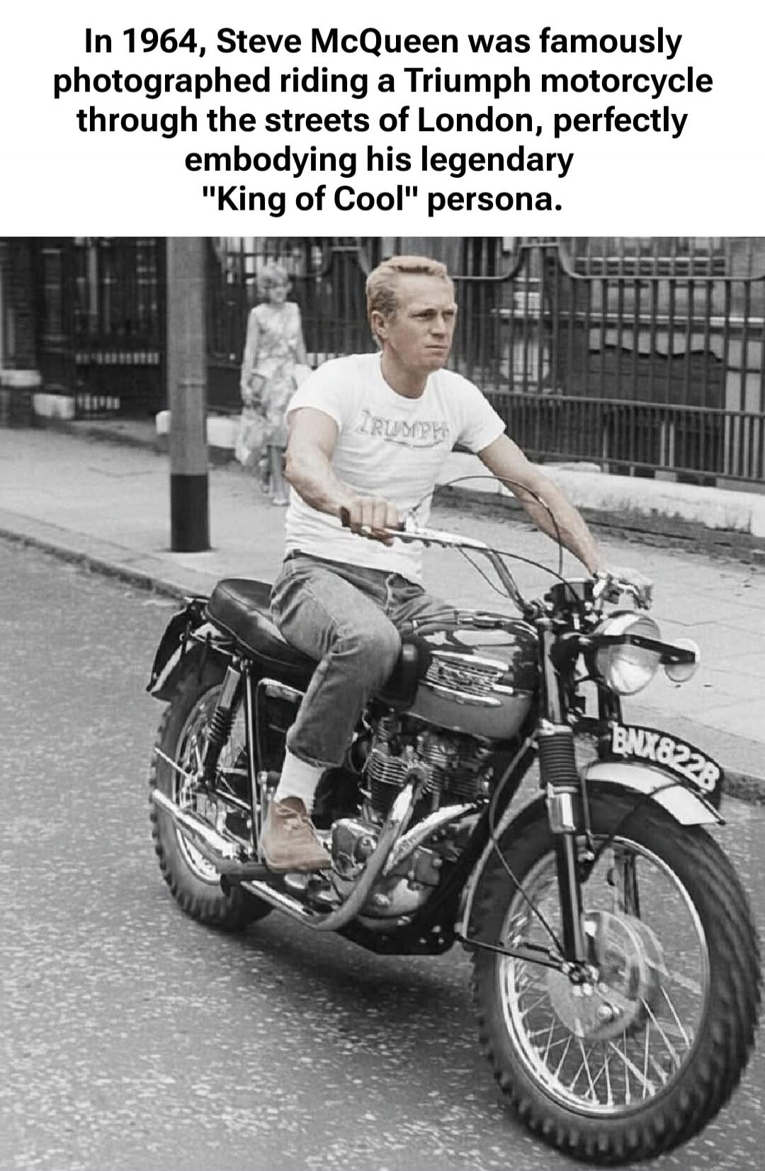 In 1964, Steve McQueen was famously photographed riding a Triumph motorcycle through the streets of London, perfectly embodying his legendary 