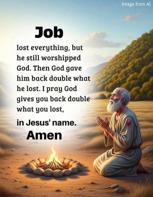 Job lost everything, but he still worshipped God. Then God gave him back double what he lost. I pray God gives you back double what you lost, in Jesus' name. Amen
