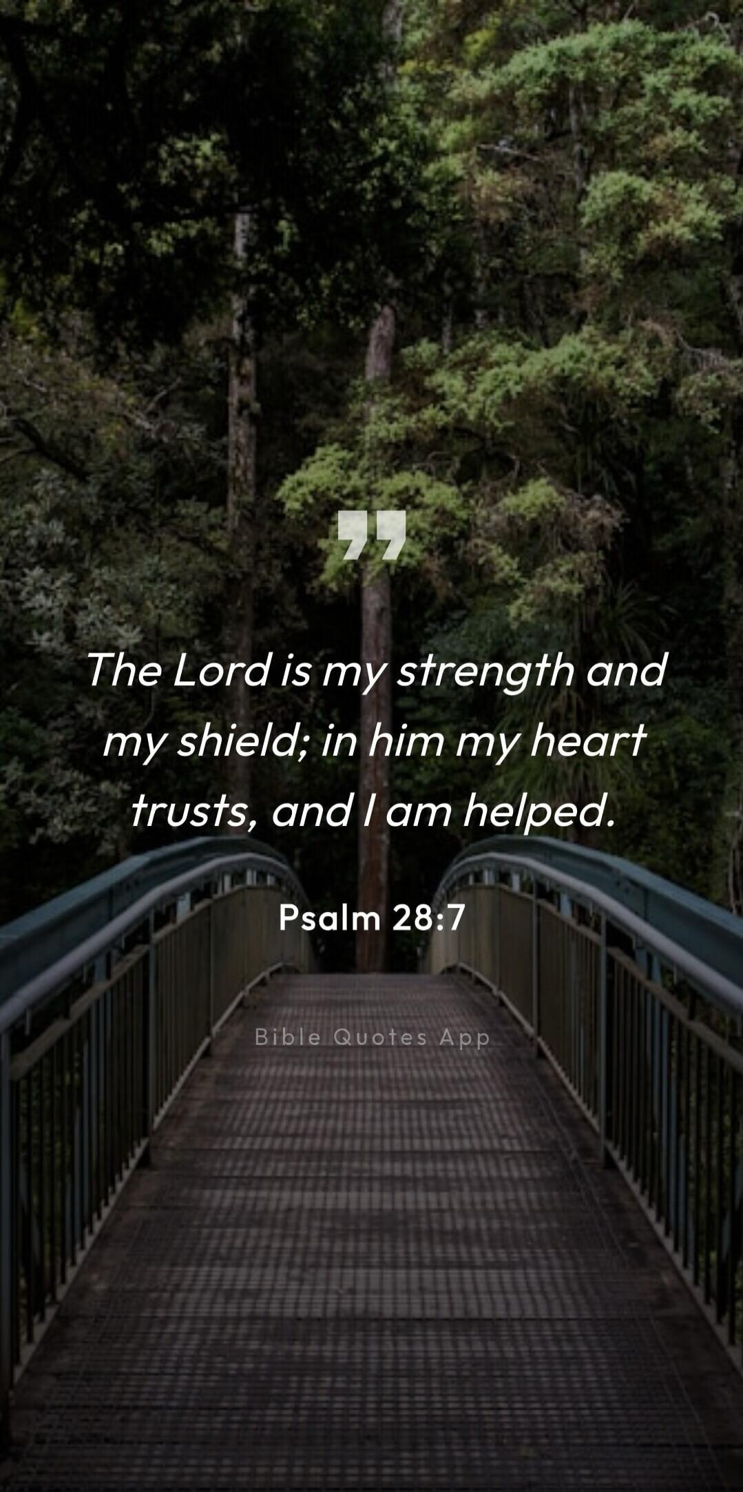 The Lord is my strength and my shield; in him my heart trusts, and I am helped. Psalm 28:7 Bible Quotes App