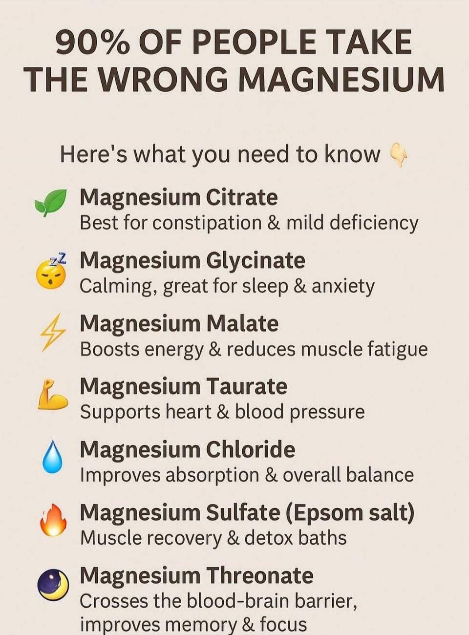 90% OF PEOPLE TAKE THE WRONG MAGNESIUM. Here's what you need to know. Magnesium Citrate: Best for constipation & mild deficiency. Magnesium Glycinate: Calming, great for sleep & anxiety. Magnesium Malate: Boosts energy & reduces muscle fatigue. Magnesium Taurate: Supports heart & blood pressure. Magnesium Chloride: Improves absorption & overall bal