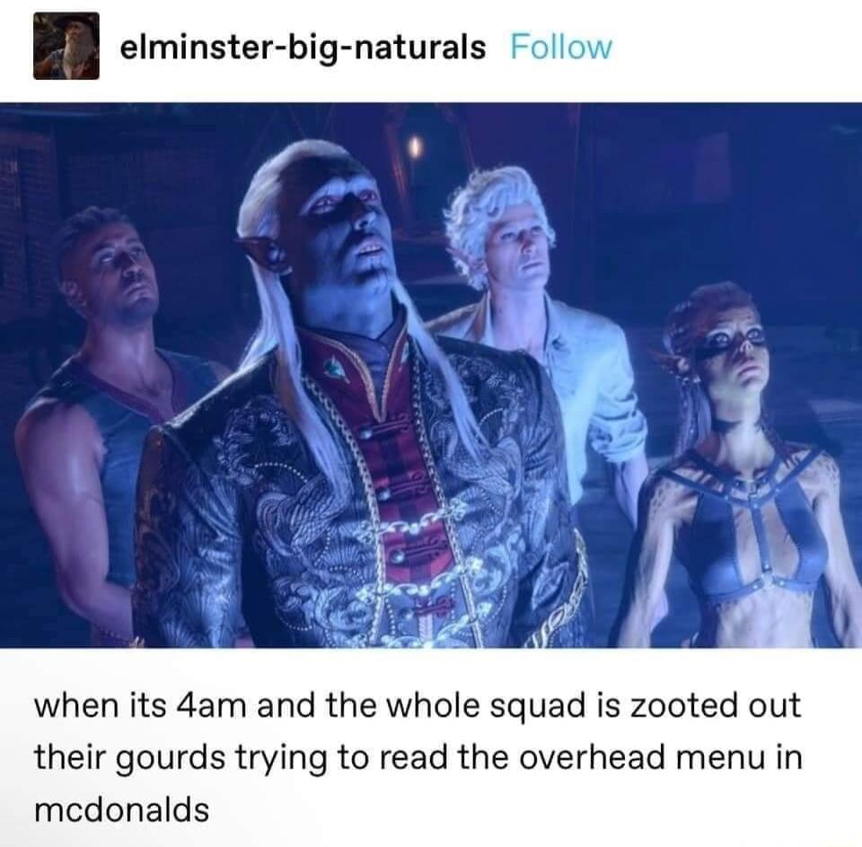 elminster big naturals when its 4am and the whole squad is zooted out their gourds trying to read the overhead menu in mcdonalds