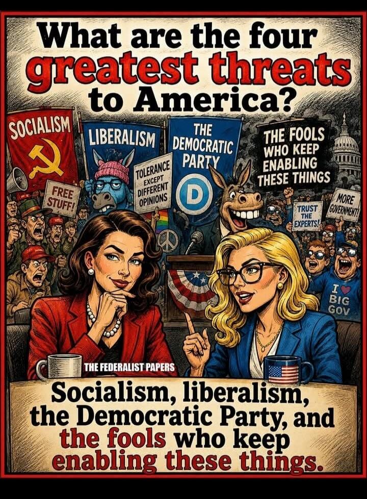 What are the four greatest threats to America? Socialism, Liberalism, The Democratic Party, and the fools who keep enabling these things. Signs and crowd shouts include: 'Free Stuff!', 'Tolerance Except Different Opinions', 'Trust the Experts!', 'More Government!', 'I Love Big Gov'. The image also features 'The Federalist Papers'.