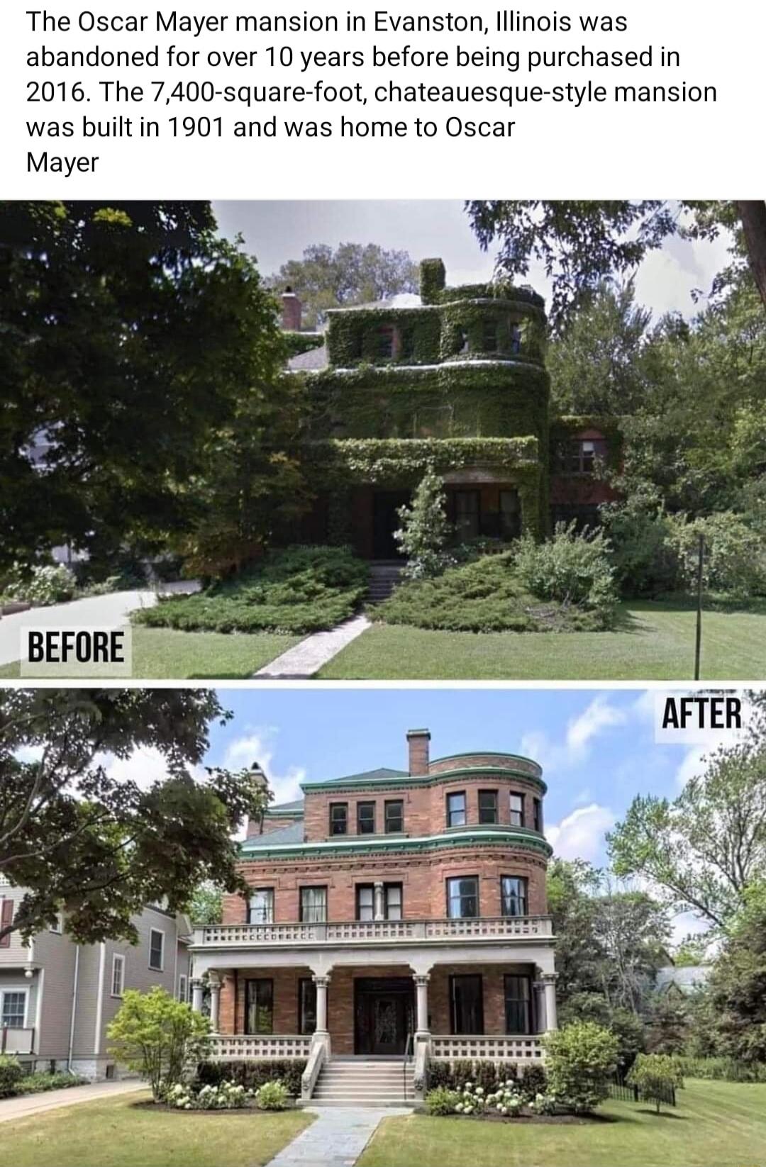 The Oscar Mayer mansion in Evanston lllinois was abandoned for over 10 years before being purchased in 2016 The 7400 square foot chateauesque style mansion was builtin 1901 and was home to Oscar Mayer