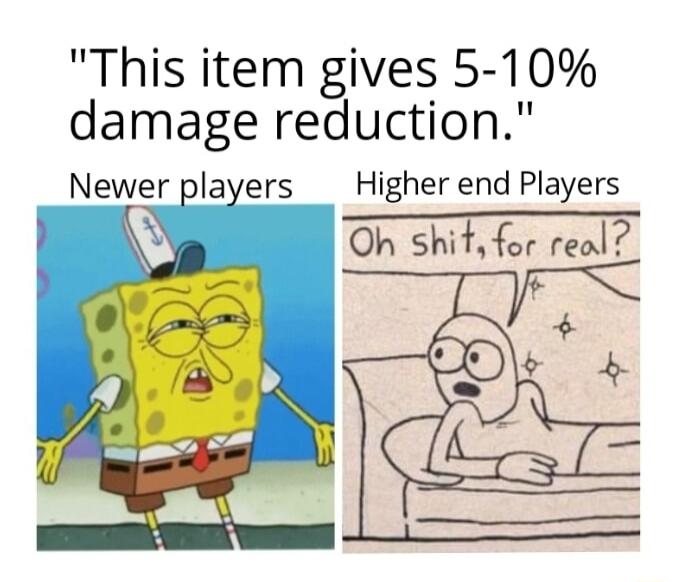 This item gives 5 10 damage reduction Newer players Higher end Players Oh shit for real 4 T