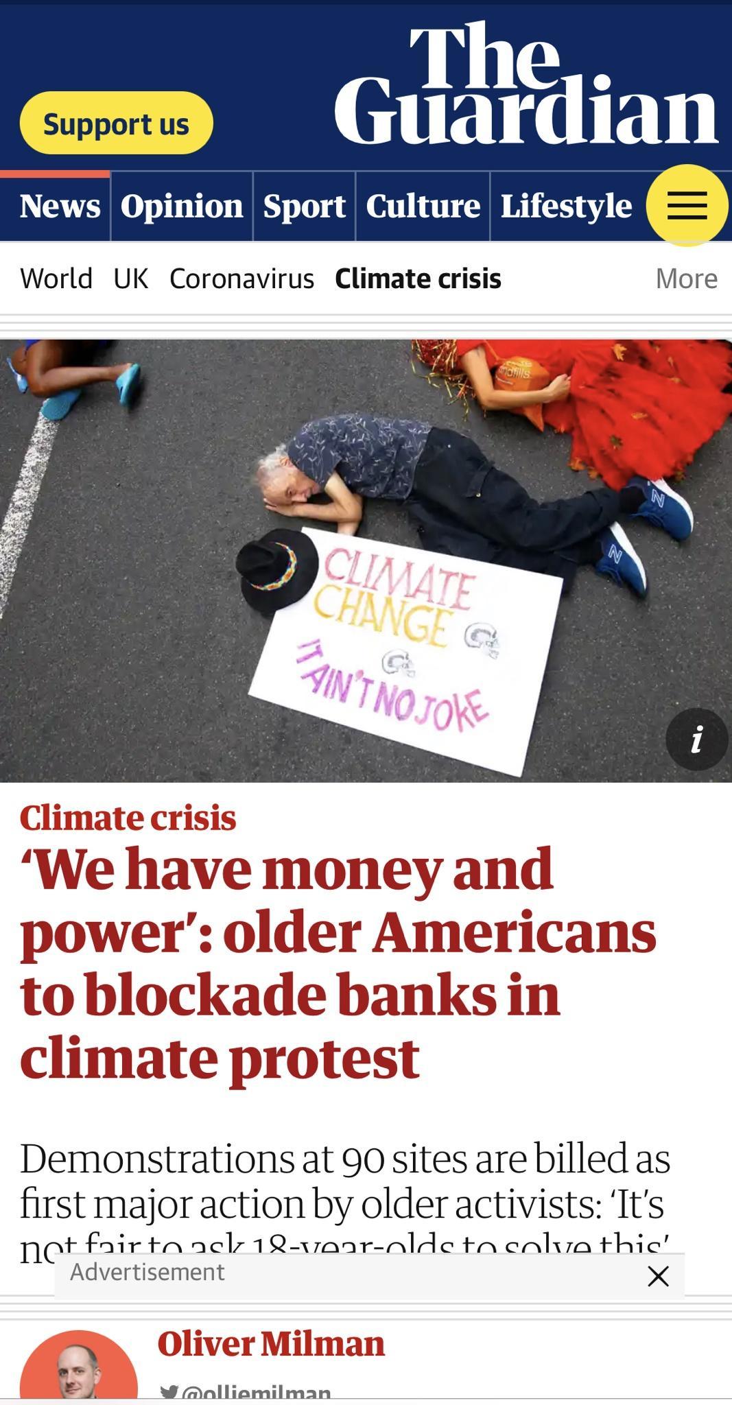 The Guardian crisis We have money and power older Americans toblockade banks in climate protest Demonstrations at 90 sites are billed as first major action by older activists Its net Fair ta acl 18 vaar nlde ta enlva thic Advertisement X