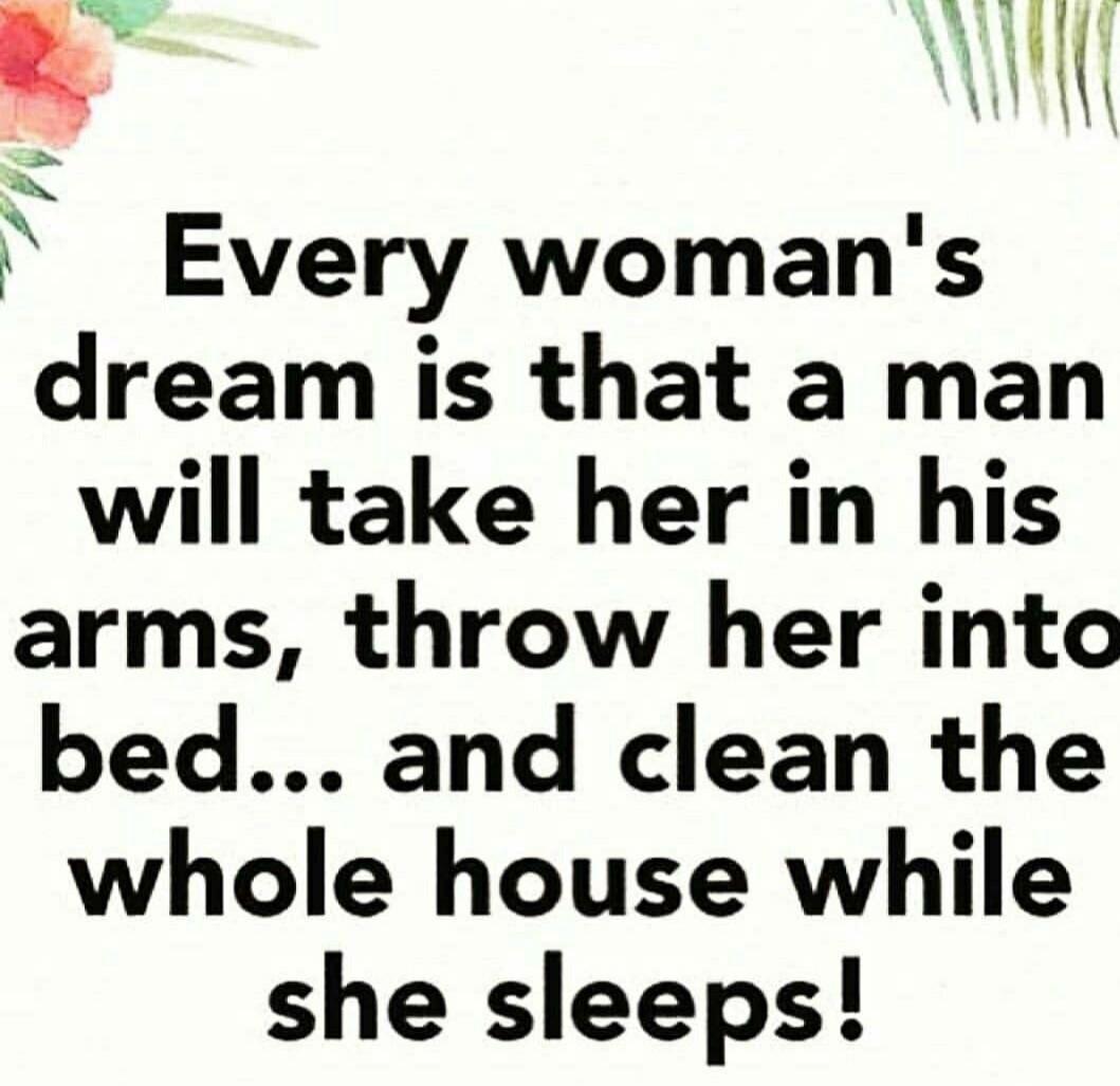 Every woman's dream is that a man will take her in his arms, throw her into bed... and clean the whole house while she sleeps!