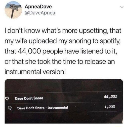 g ApneaDave DaveApnea dont know whats more upsetting that my wife uploaded my snoring to spotify that 44000 people have listened to it or that she took the time to release an instrumental version Q Dave Dont Snore Q Dave Dont Snore Instrumental