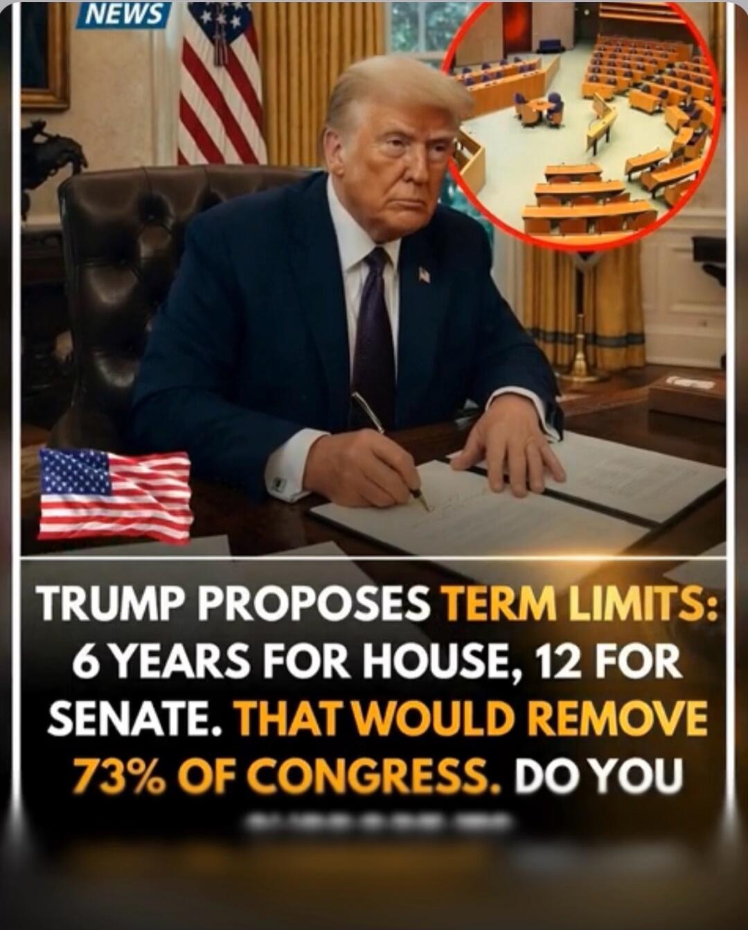 NEWS. Trump proposes term limits: 6 years for House, 12 for Senate. That would remove 73% of Congress. Do you