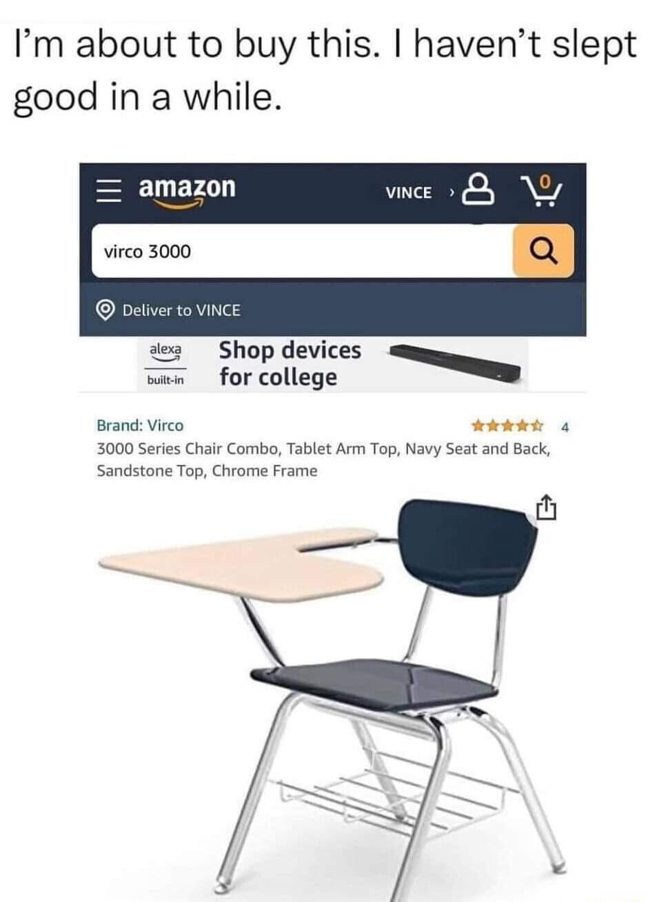 Im about to buy this havent slept good in a while ELERA wnee Y pelierto ses Shop devices W for college Brand Vireo kRt 4 3000 Series Chalr Combo Tablet Arm Top Navy Seat and Back Sandstane Top Chrome Frame