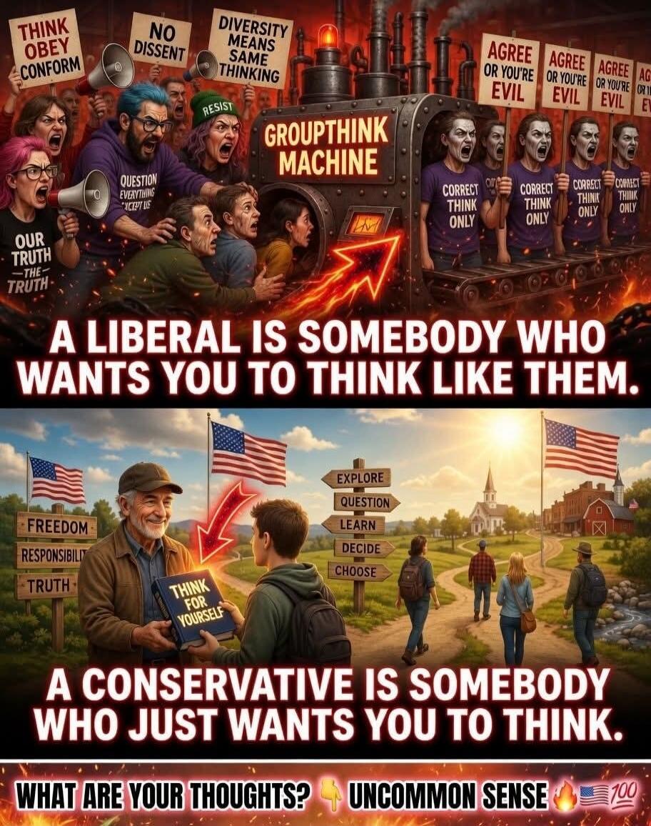 THINK OBEY CONFORM. NO DISSENT. DIVERSITY MEANS SAME THINKING. RESIST. GROUPTHINK MACHINE. OUR TRUTH THE TRUTH. QUESTION EVERYTHING KEEP US. AGREE OR YOU'RE EVIL. CORRECT THINK ONLY. A LIBERAL IS SOMEBODY WHO WANTS YOU TO THINK LIKE THEM. FREEDOM. RESPONSIBILITY. TRUTH. THINK FOR YOURSELF. EXPLORE. QUESTION. LEARN. DECIDE. CHOOSE. A CONSERVATIVE IS