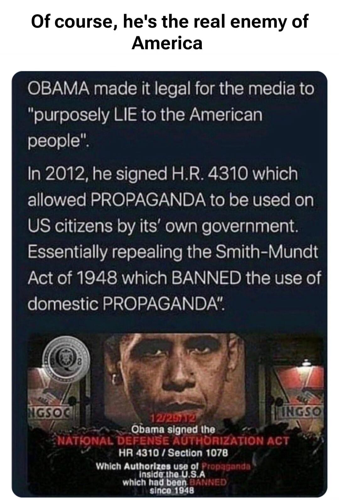 Of course, he's the real enemy of America. OBAMA made it legal for the media to 