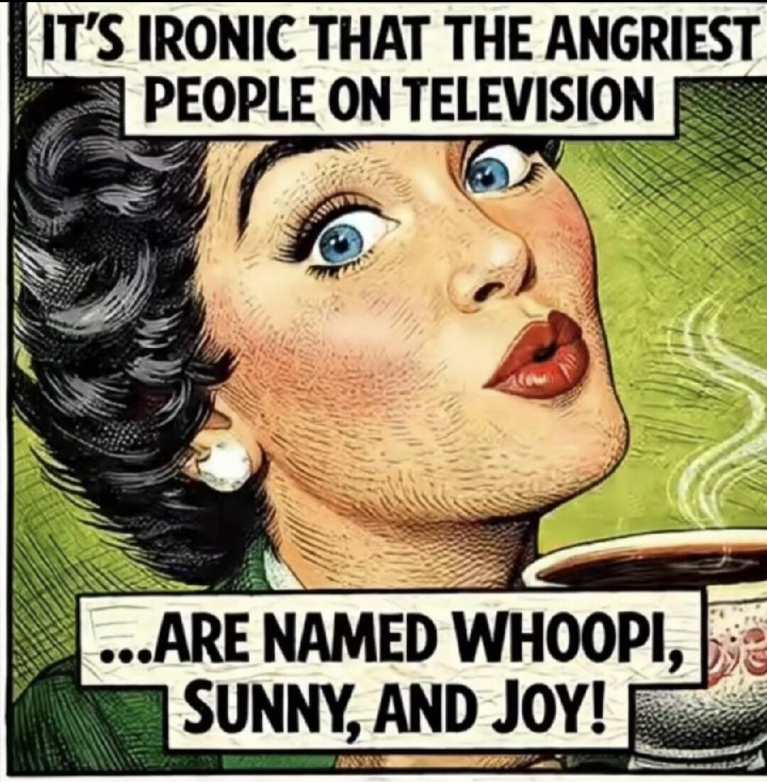IT'S IRONIC THAT THE ANGRIEST PEOPLE ON TELEVISION ...ARE NAMED WHOOPI, SUNNY, AND JOY!