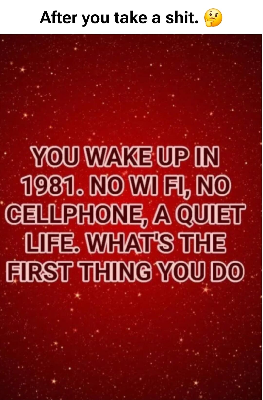 After you take a shit.
YOU WAKE UP IN 1981. NO WI FI, NO CELLPHONE, A QUIET LIFE. WHAT'S THE FIRST THING YOU DO
