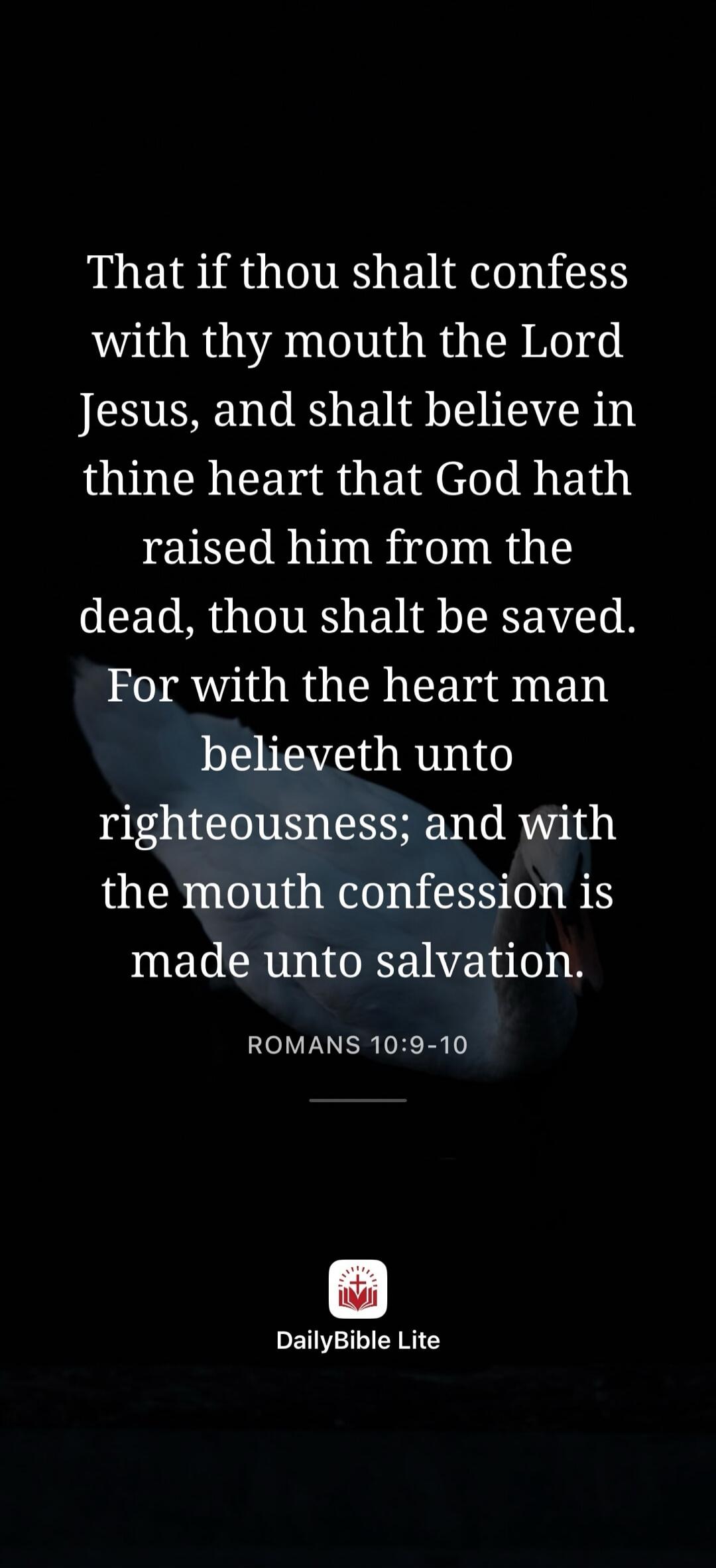 That if thou shalt confess with thy mouth the Lord Jesus, and shalt believe in thine heart that God hath raised him from the dead, thou shalt be saved. For with the heart man believeth unto righteousness; and with the mouth confession is made unto salvation. ROMANS 10:9-10 DailyBible Lite