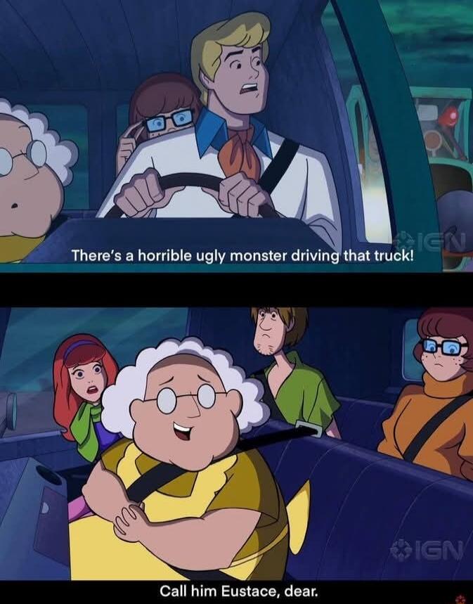 There's a horrible ugly monster driving that truck!
Call him Eustace, dear.