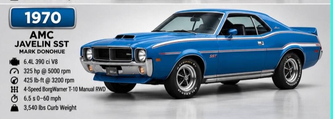 1970 AMC JAVELIN SST MARK DONOHUE 6.4L 390 ci V8 325 hp @ 5000 rpm 425 lb-ft @ 3200 rpm 4-Speed BorgWarner T-10 Manual RWD 6.5 s 0-60 mph 3,540 lbs Curb Weight