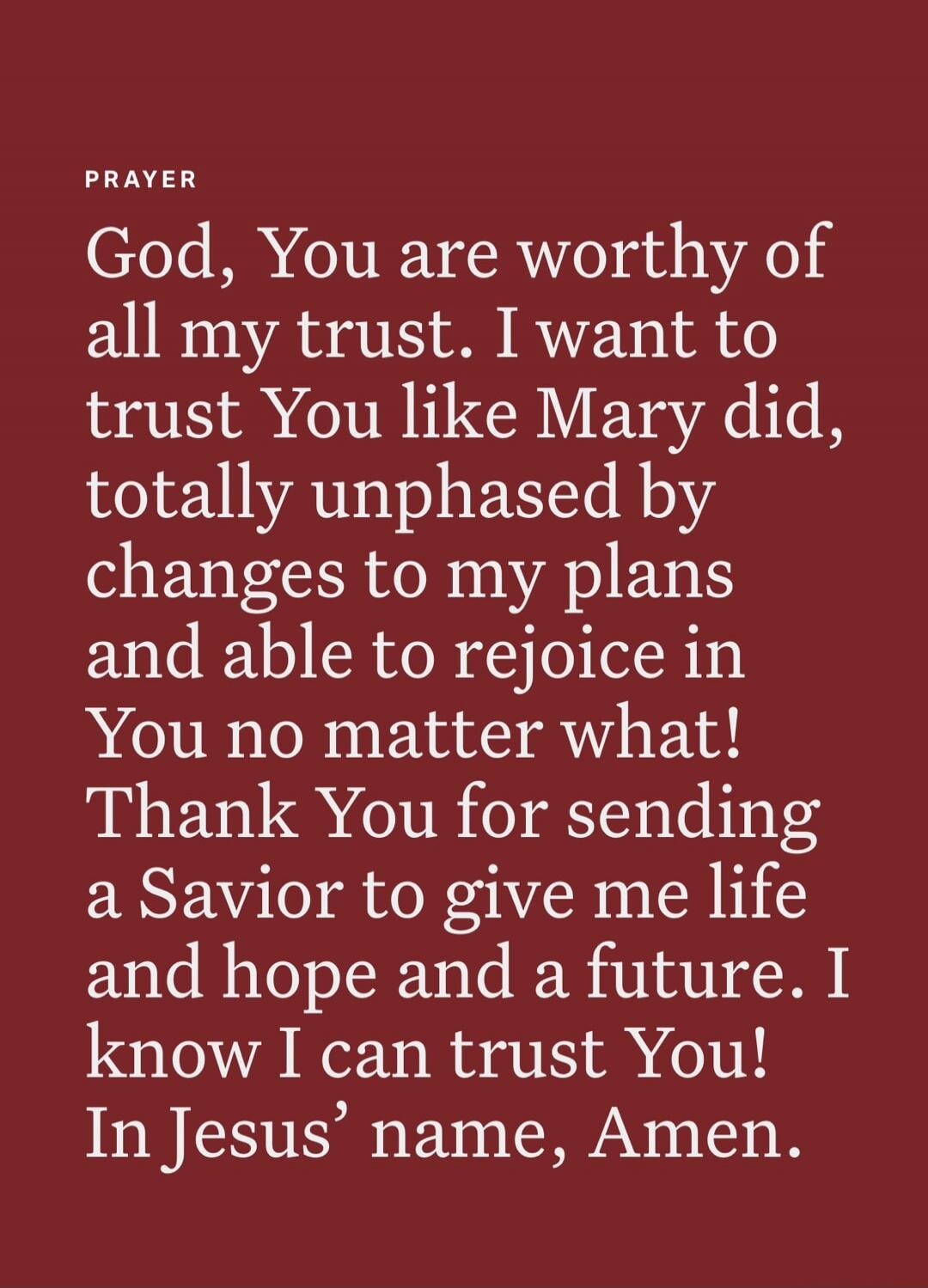 PRAYER
God, You are worthy of all my trust. I want to trust You like Mary did, totally unphased by changes to my plans and able to rejoice in You no matter what! Thank You for sending a Savior to give me life and hope and a future. I know I can trust You! In Jesus’ name, Amen.