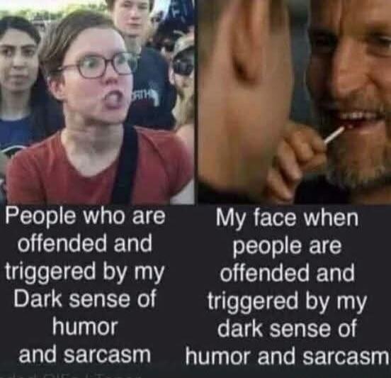 People who are offended and triggered by my Dark sense of humor and sarcasm. My face when people are offended and triggered by my dark sense of humor and sarcasm.