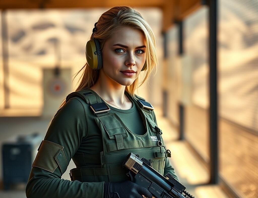 A blonde woman wearing ear protection and tactical gear, holding a rifle, at a shooting range.