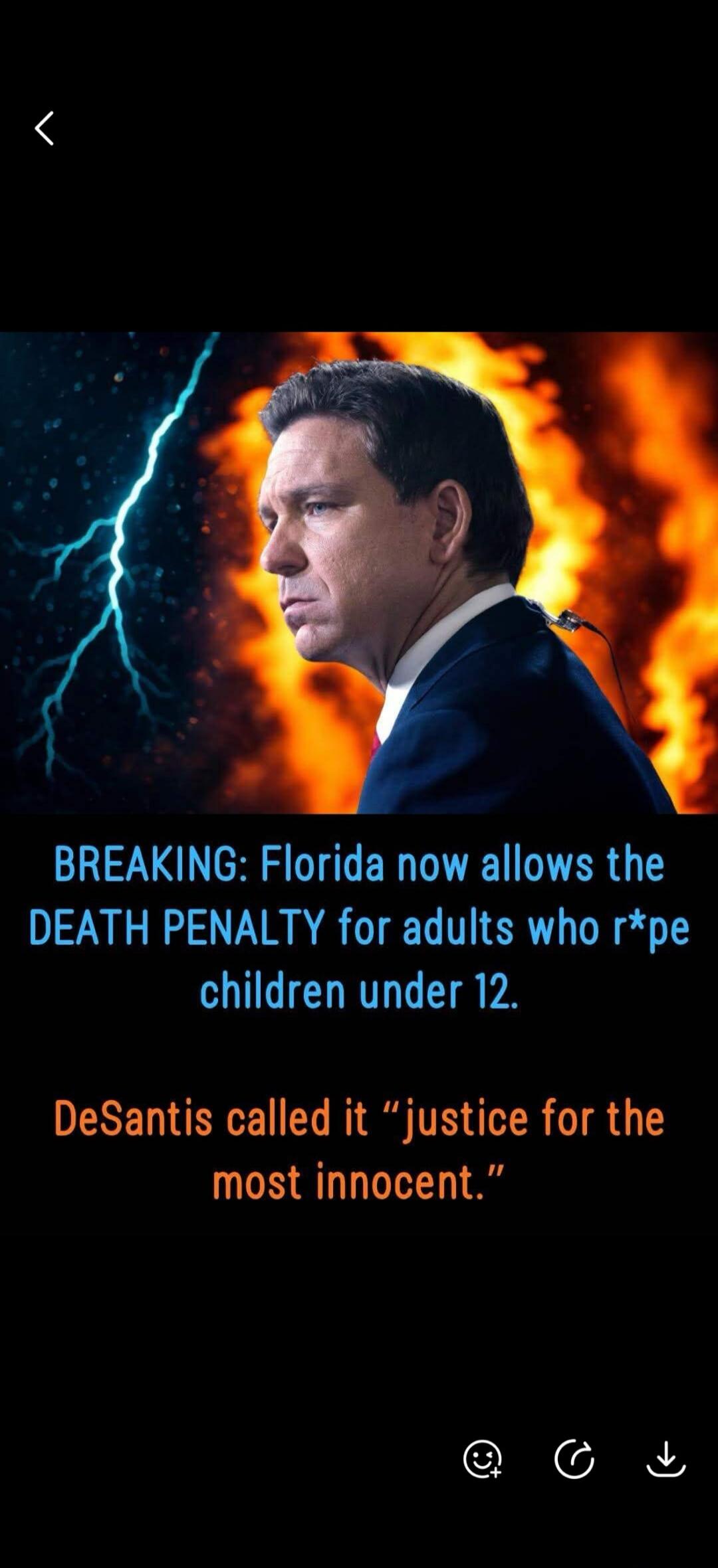 BREAKING: Florida now allows the DEATH PENALTY for adults who r*pe children under 12. DeSantis called it 
